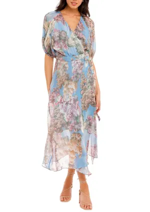 Blue Floral Silk Wrap Dress