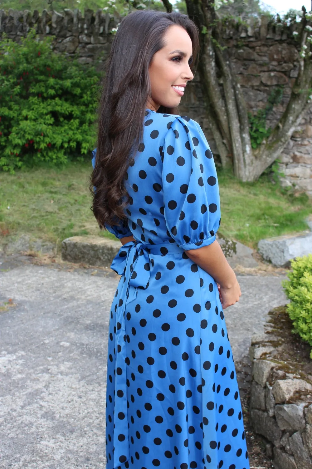 Blue Polka Dot Midi Wrap Dress
