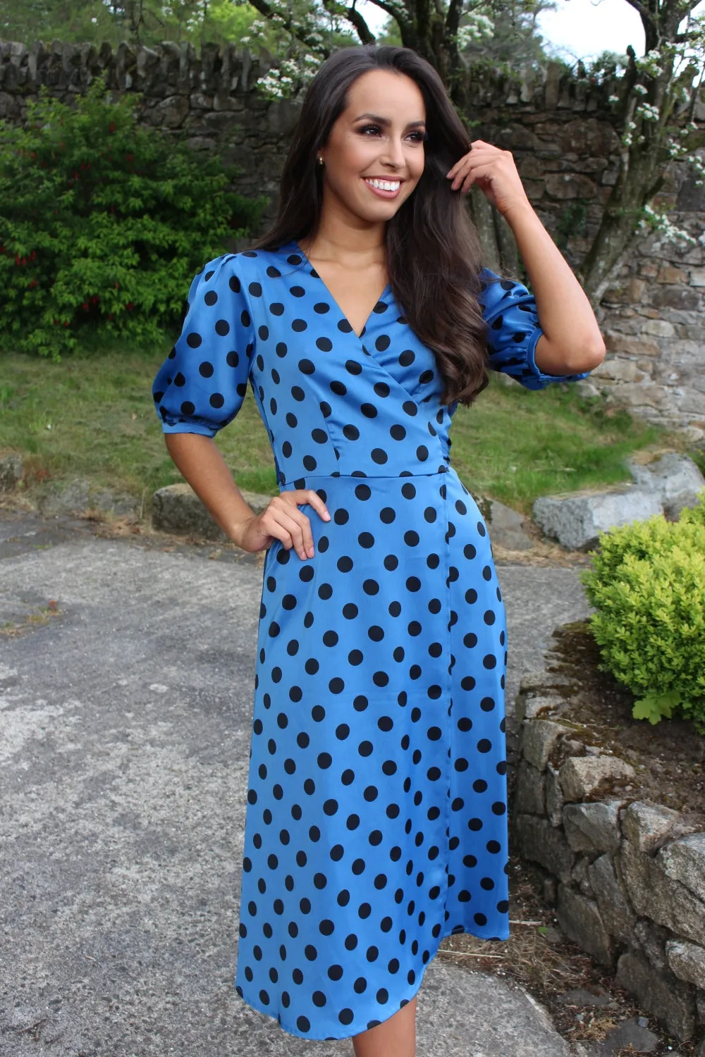 Blue Polka Dot Midi Wrap Dress