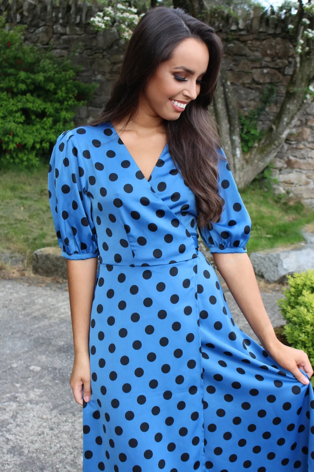Blue Polka Dot Midi Wrap Dress