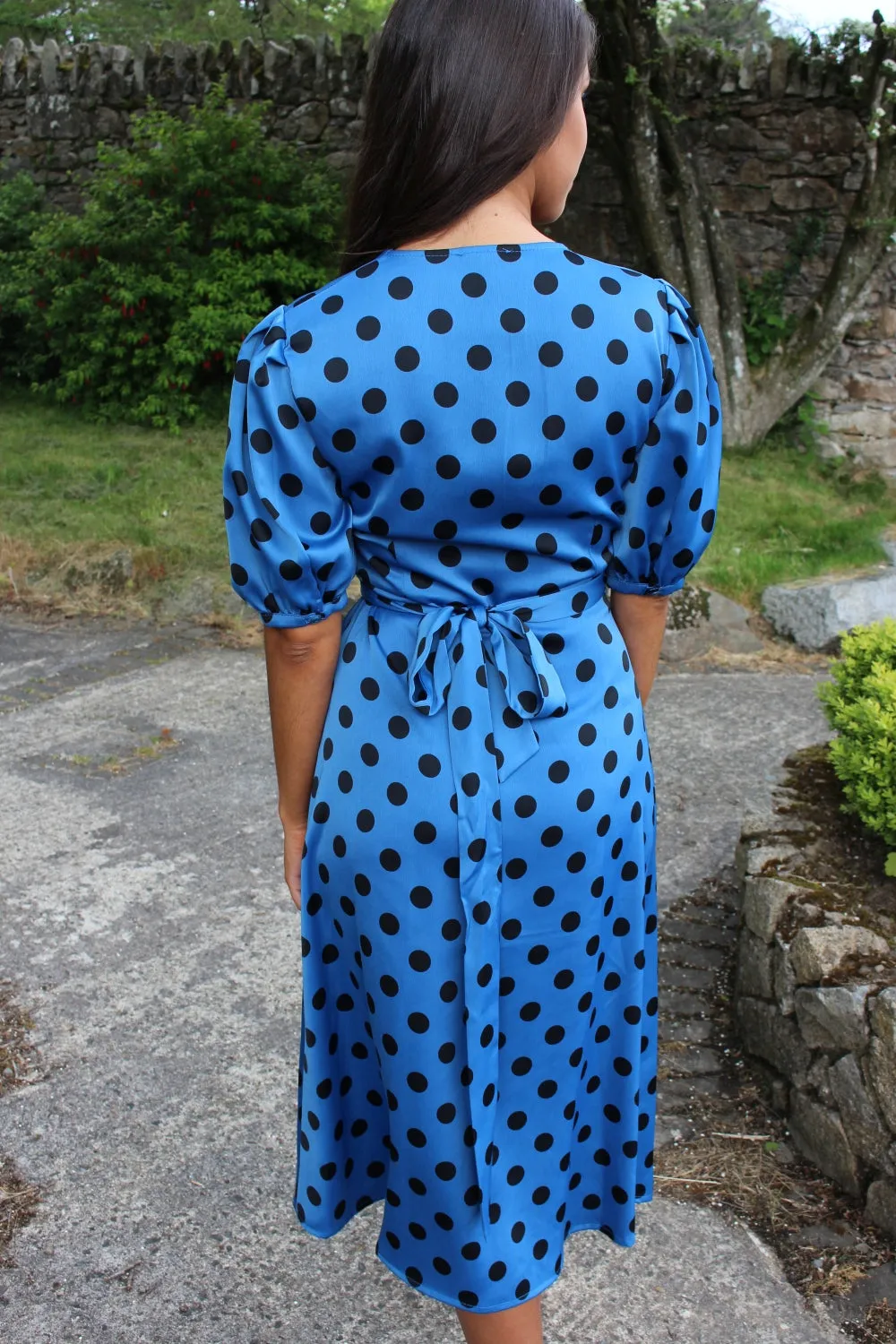 Blue Polka Dot Midi Wrap Dress