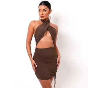 Brown Halter Wrap Ruched Cutout Mini Dress