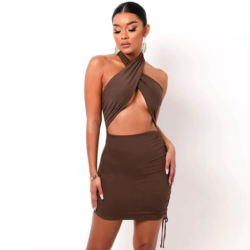 Brown Halter Wrap Ruched Cutout Mini Dress