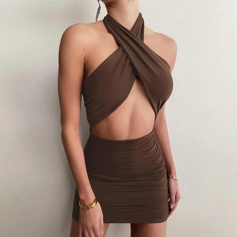 Brown Halter Wrap Ruched Cutout Mini Dress