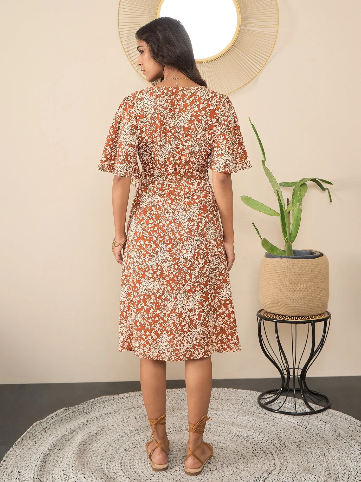 Brown Polyester Floral Print Wrap Dress