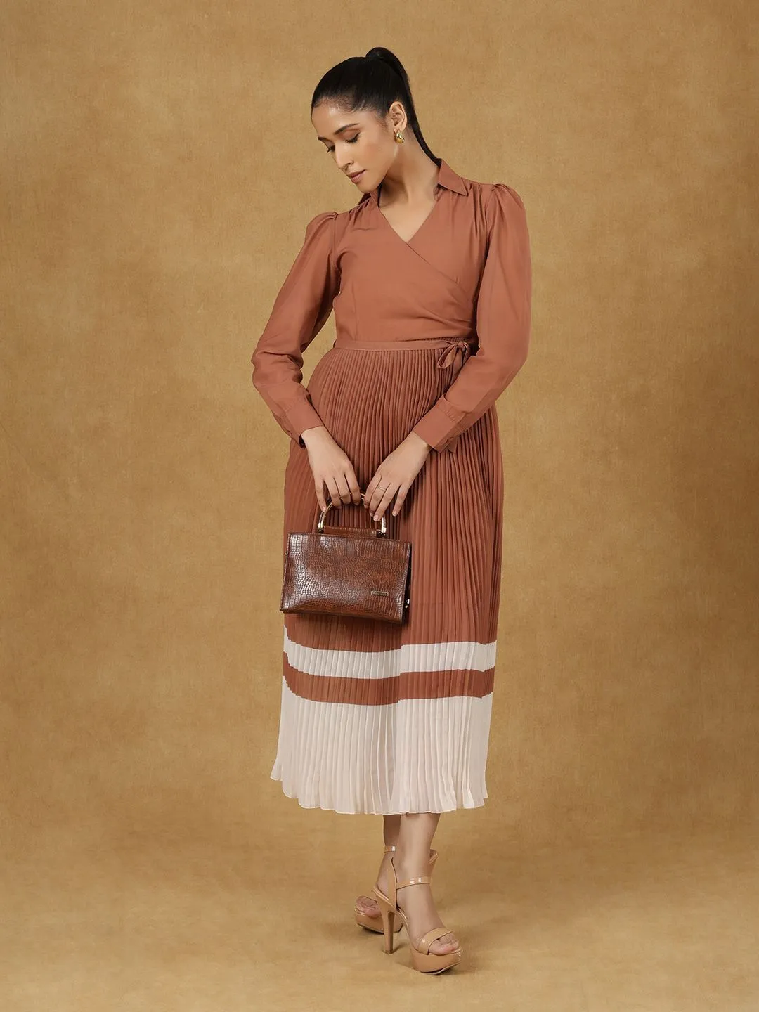 Brown Wrap Pleated Dress