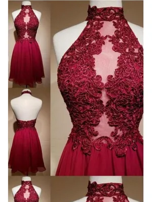 Burgundy Halter See Through Short Homecoming Dress