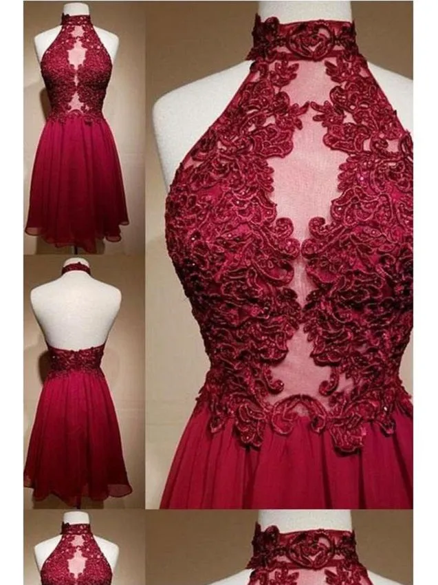 Burgundy Halter See Through Short Homecoming Dress