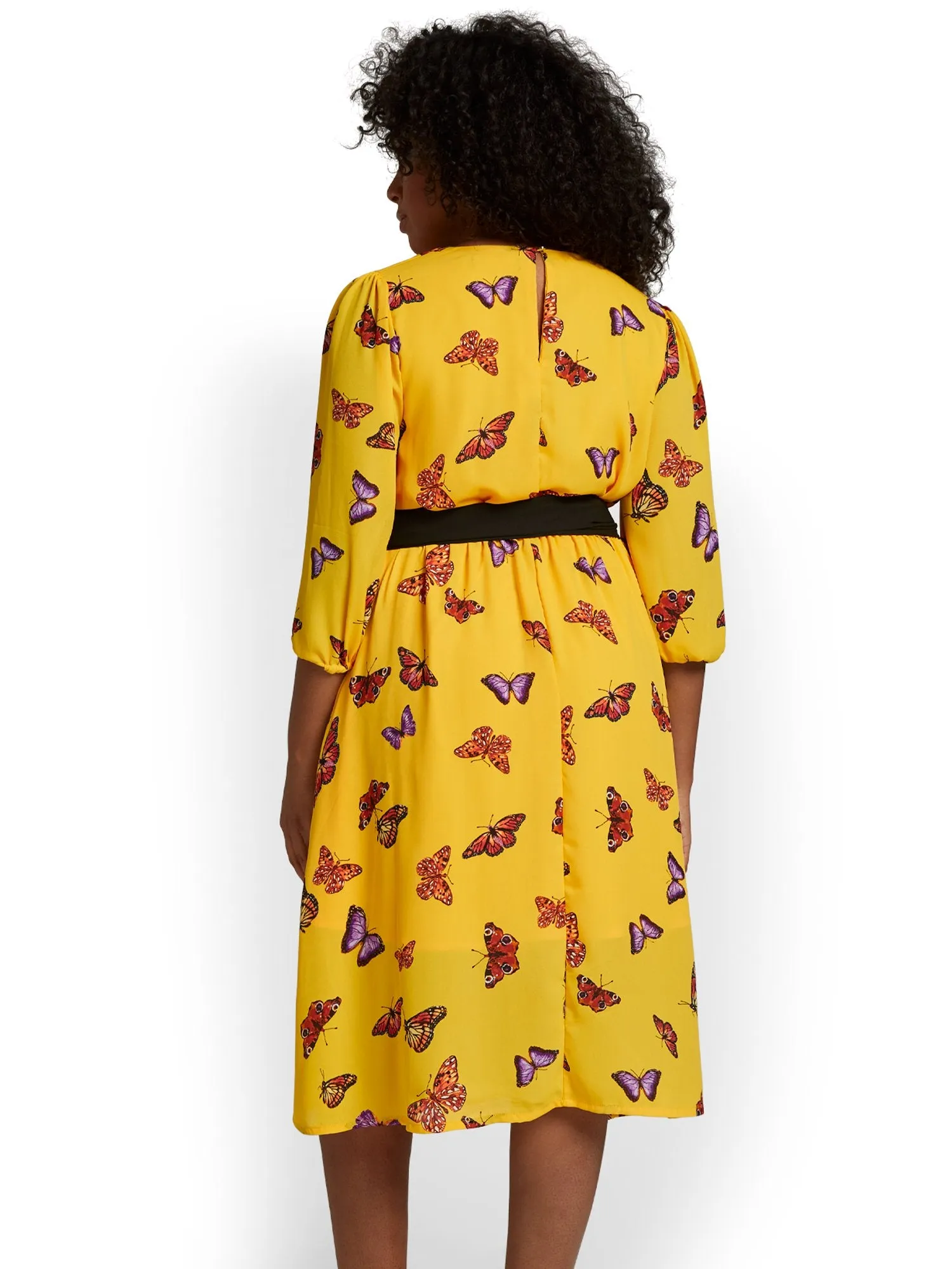 Butterfly-Print V-Neck Wrap Dress