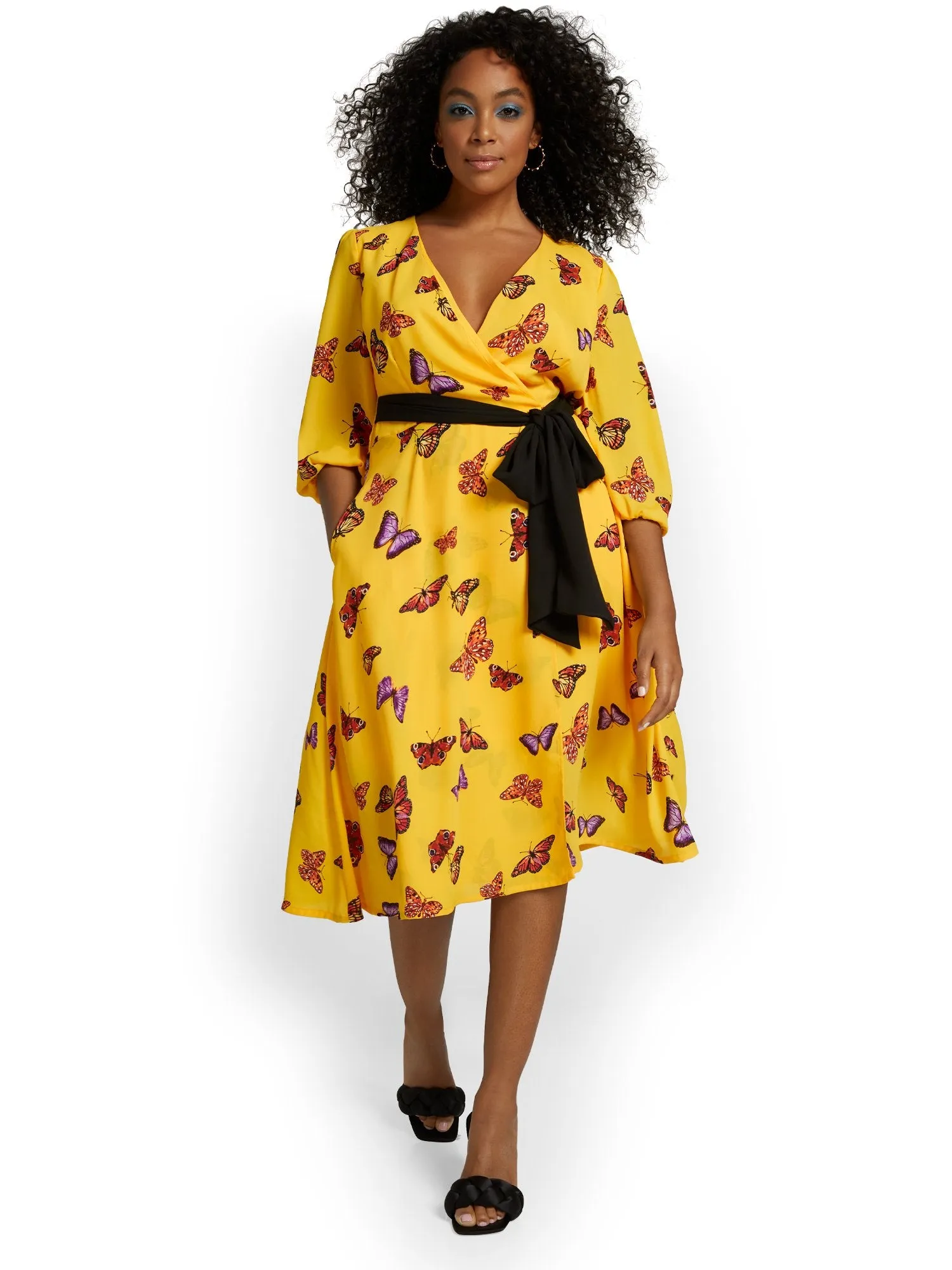 Butterfly-Print V-Neck Wrap Dress