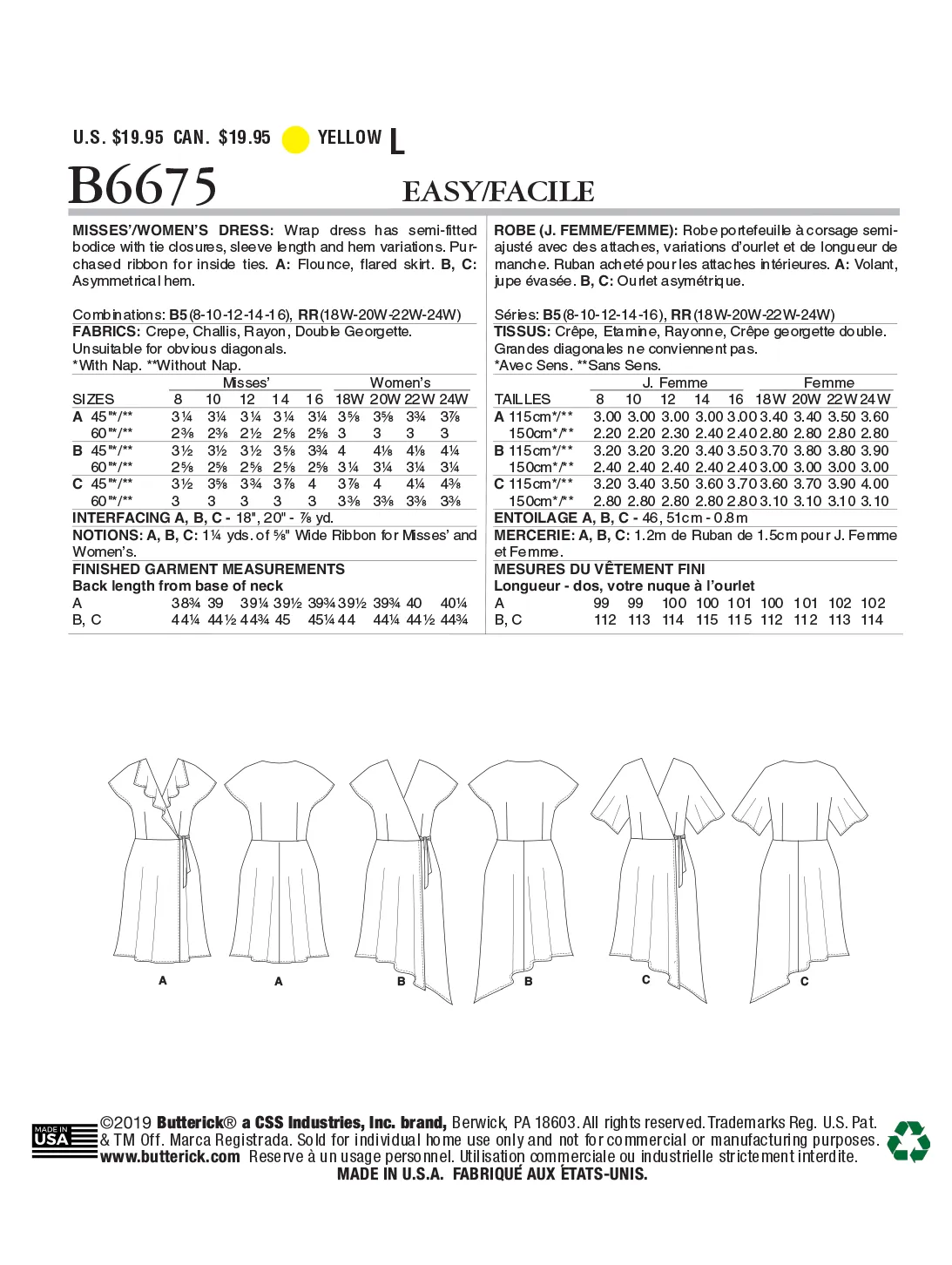 Butterick Pattern B6675 Misses' Plus Dress