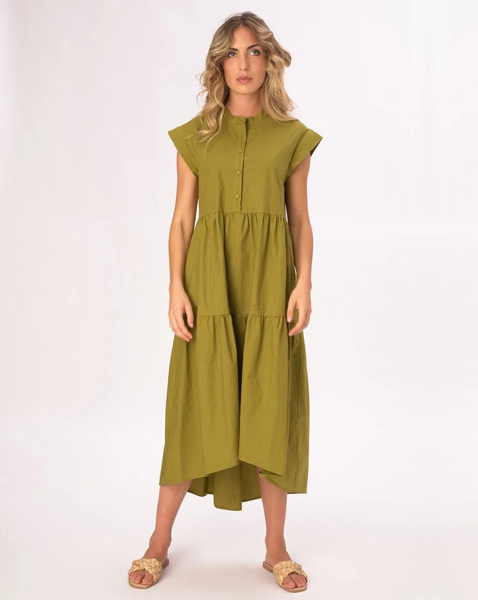 Cap Sleeve Band Collar Cotton Dress