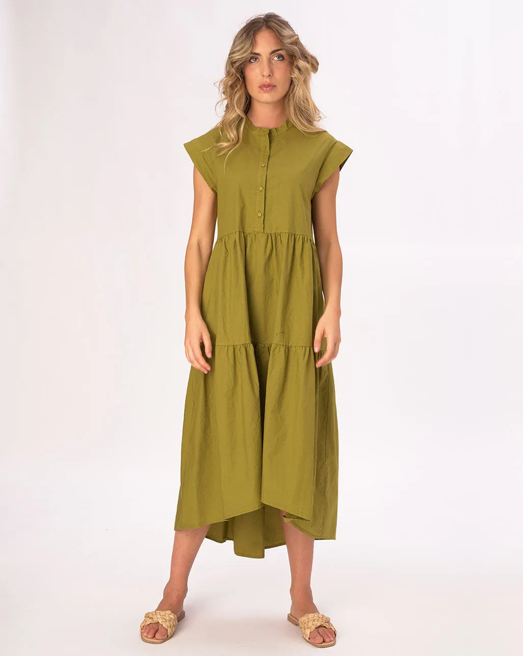Cap Sleeve Band Collar Cotton Dress