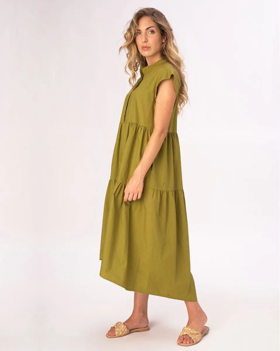 Cap Sleeve Band Collar Cotton Dress