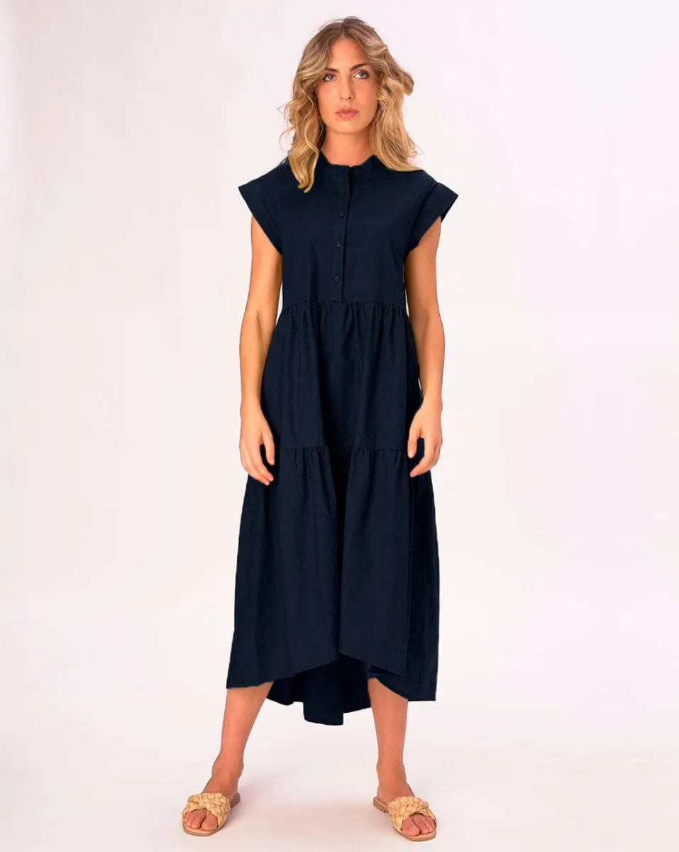Cap Sleeve Band Collar Cotton Dress