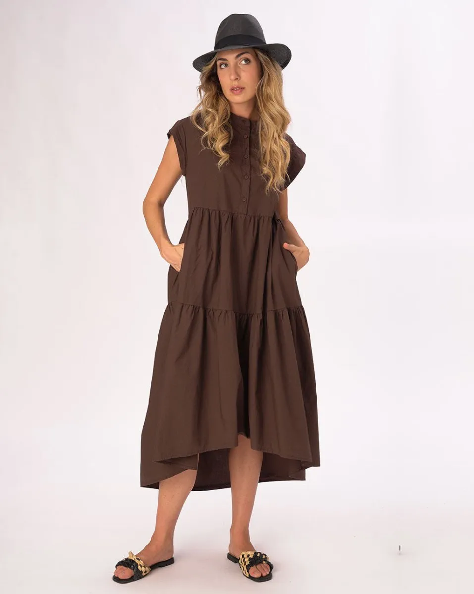 Cap Sleeve Band Collar Cotton Dress