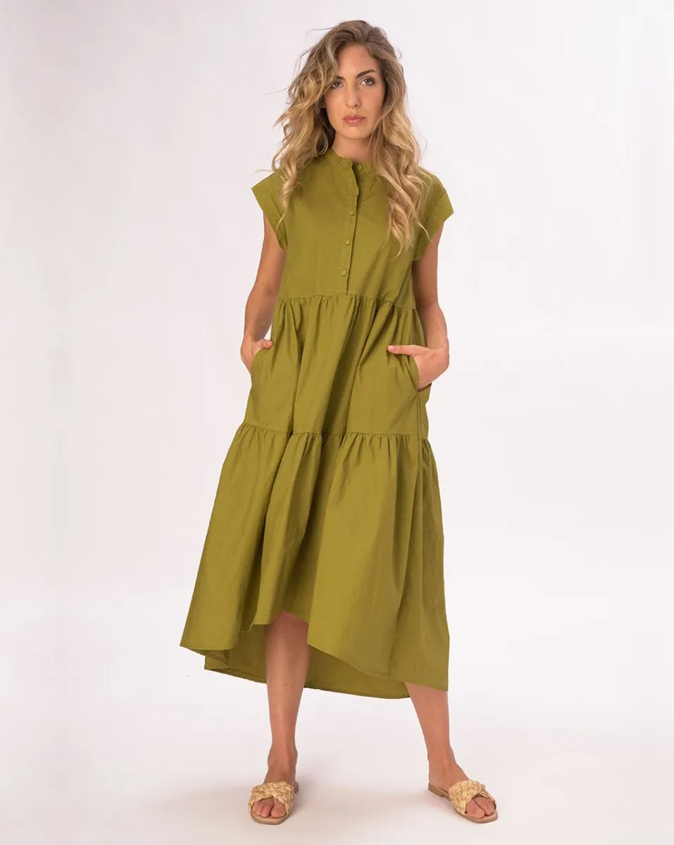 Cap Sleeve Band Collar Cotton Dress