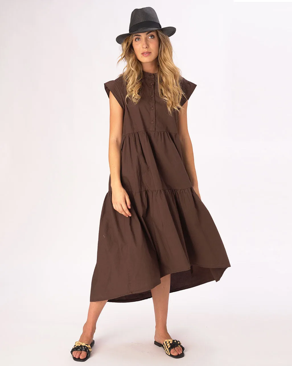 Cap Sleeve Band Collar Cotton Dress