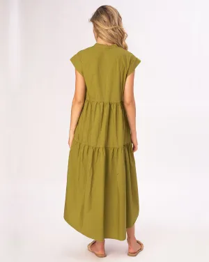 Cap Sleeve Band Collar Cotton Dress