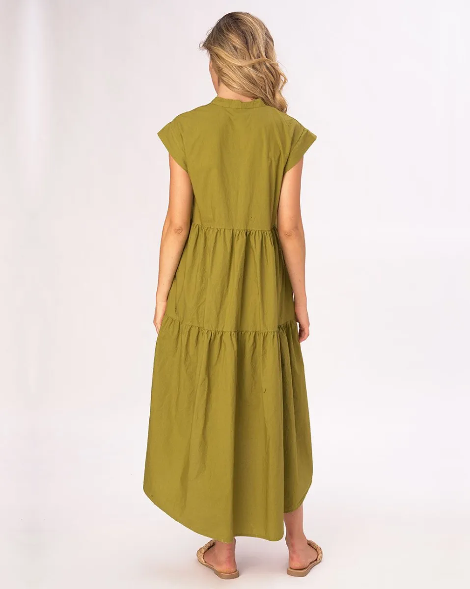 Cap Sleeve Band Collar Cotton Dress