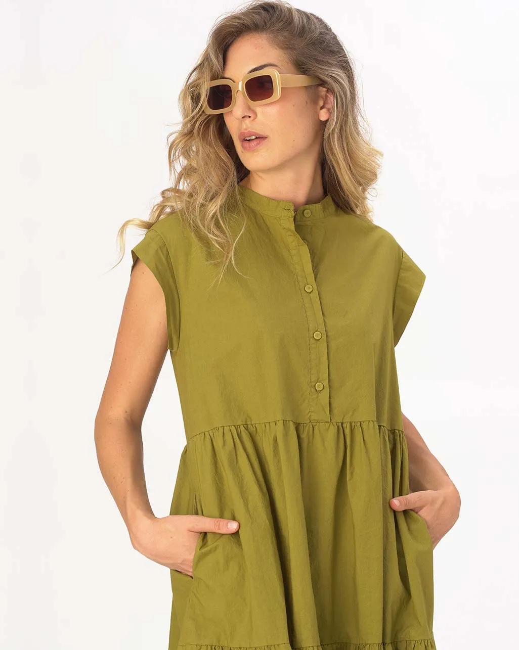 Cap Sleeve Band Collar Cotton Dress