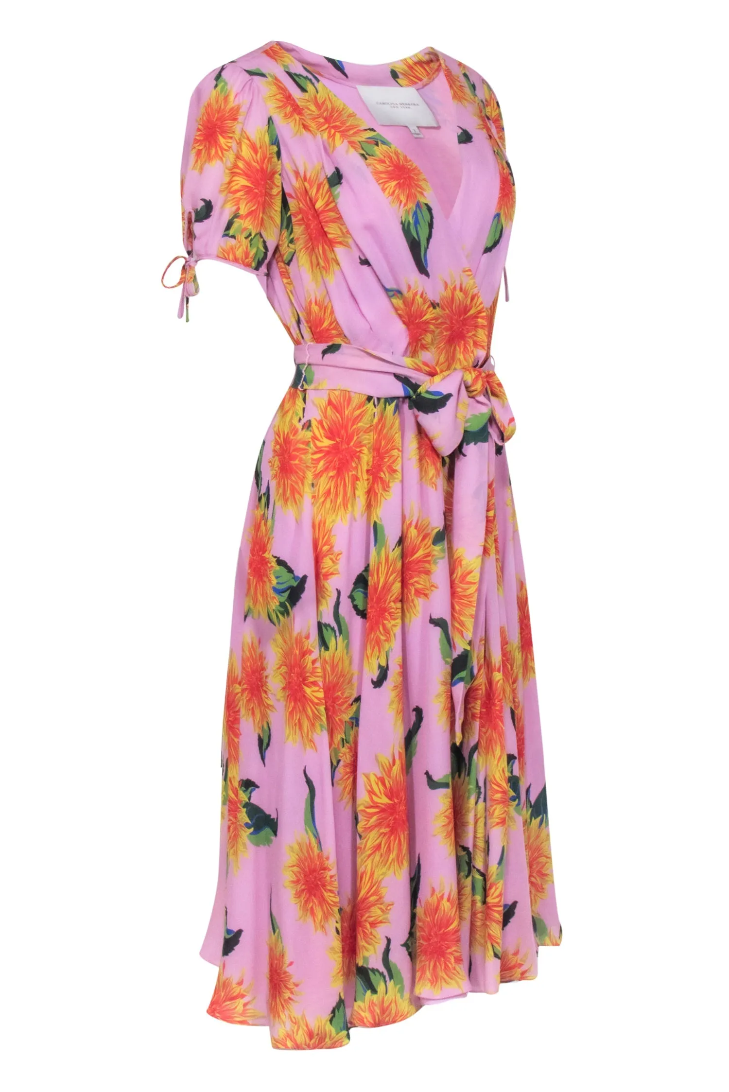 Carolina Herrera - Pink w/ Orange Floral Print Silk Wrap Midi Dress Sz 2