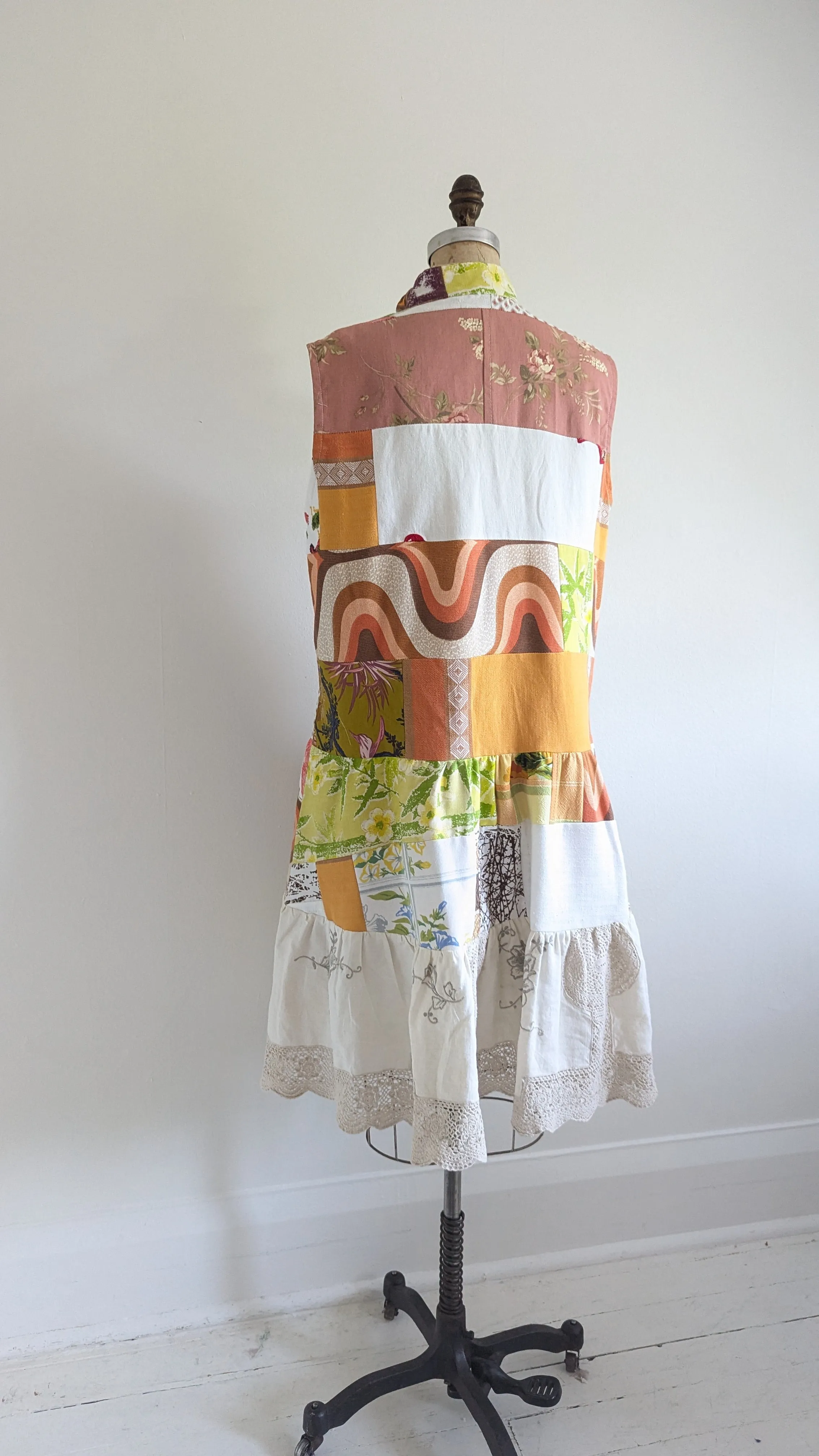 Carrie Dress - One of a Kind Upcycled & Vintage Cotton & Linen & Cut Lace Size L/XL #CAR12
