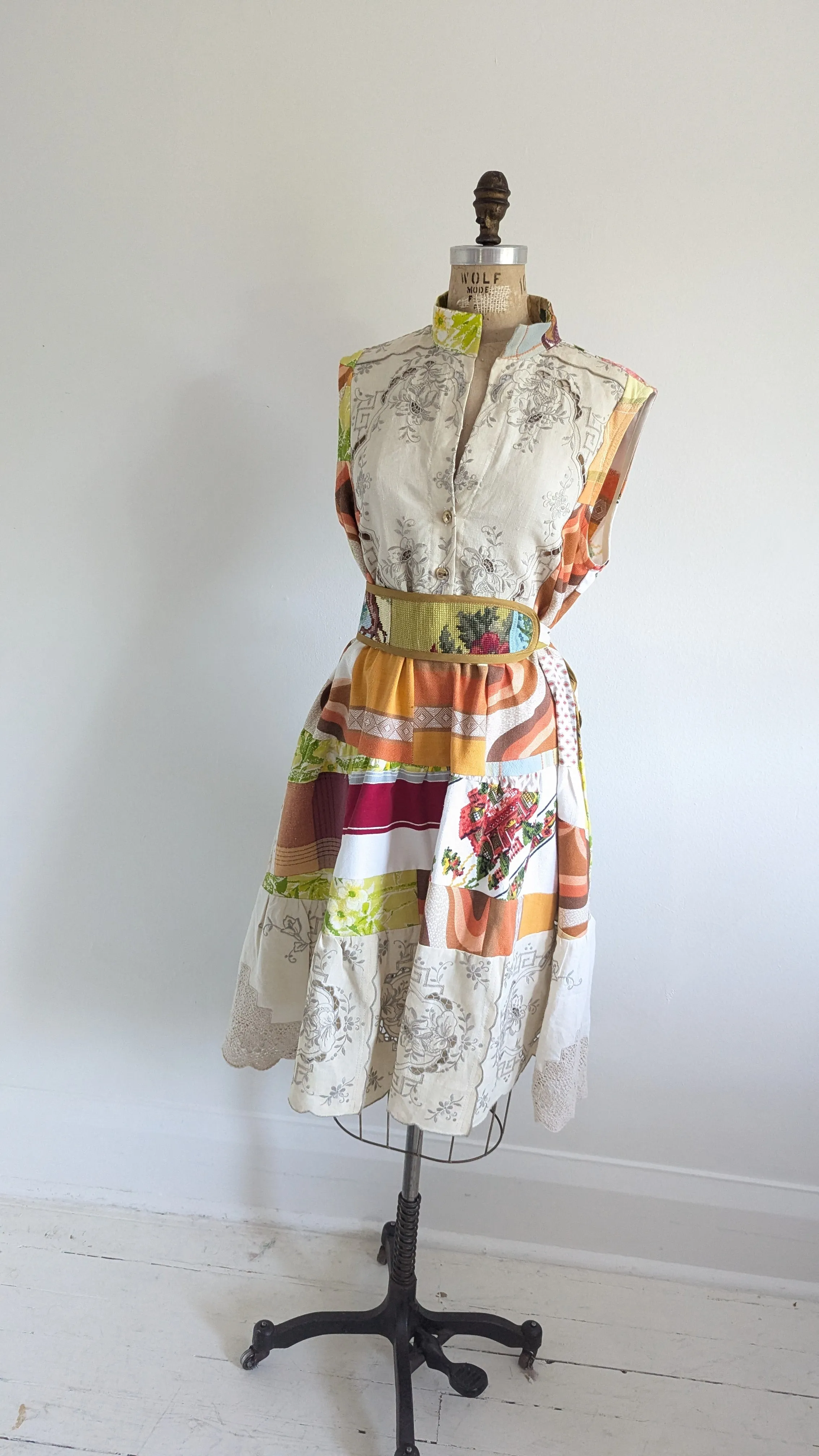Carrie Dress - One of a Kind Upcycled & Vintage Cotton & Linen & Cut Lace Size L/XL #CAR12