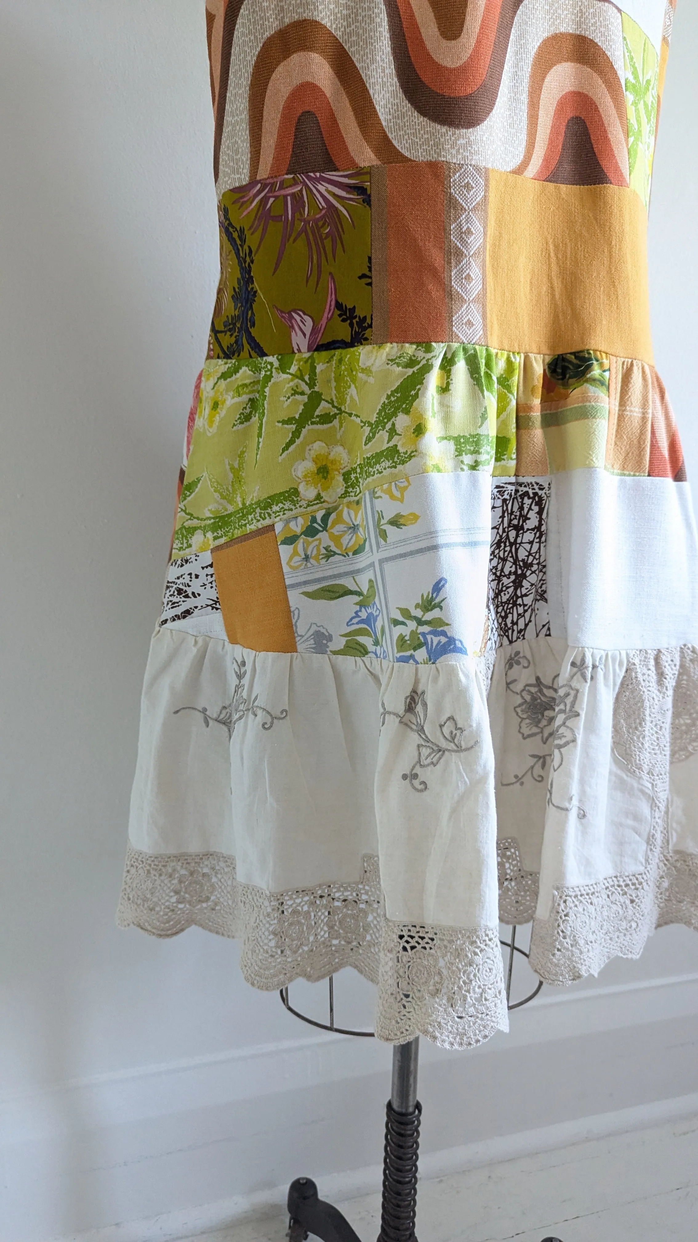 Carrie Dress - One of a Kind Upcycled & Vintage Cotton & Linen & Cut Lace Size L/XL #CAR12