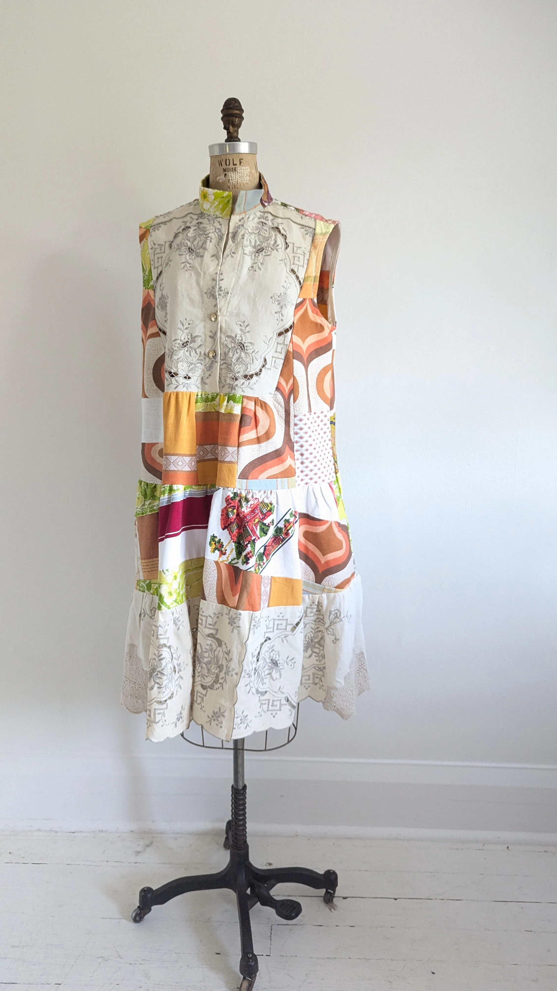 Carrie Dress - One of a Kind Upcycled & Vintage Cotton & Linen & Cut Lace Size L/XL #CAR12