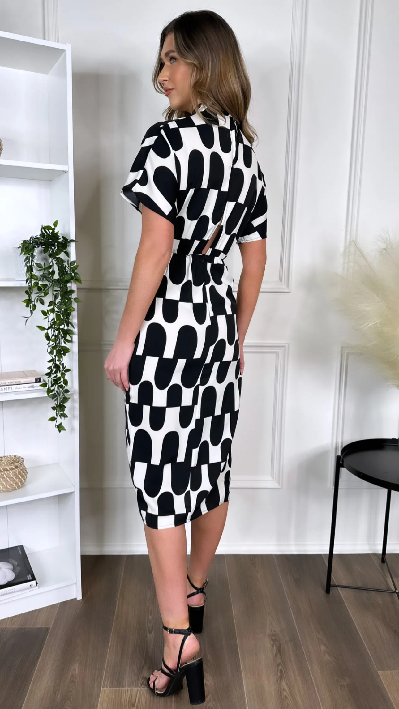 Cher Black And Cream Abstract Print High Neck Midi Dress