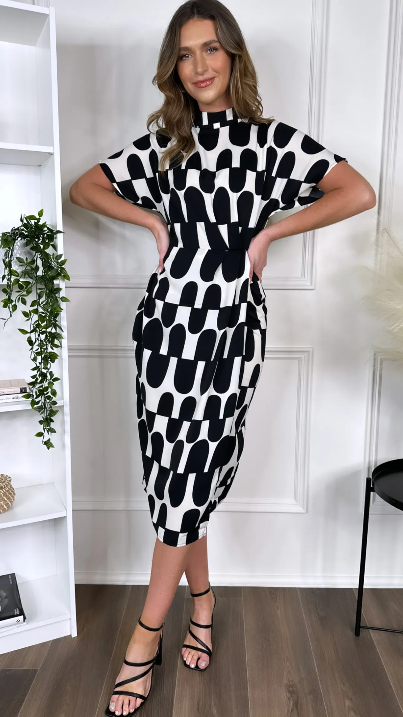 Cher Black And Cream Abstract Print High Neck Midi Dress