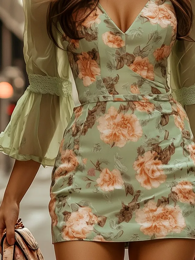 Chic Peach Floral Print Sheer Patchwork Chiffon Mini Dress