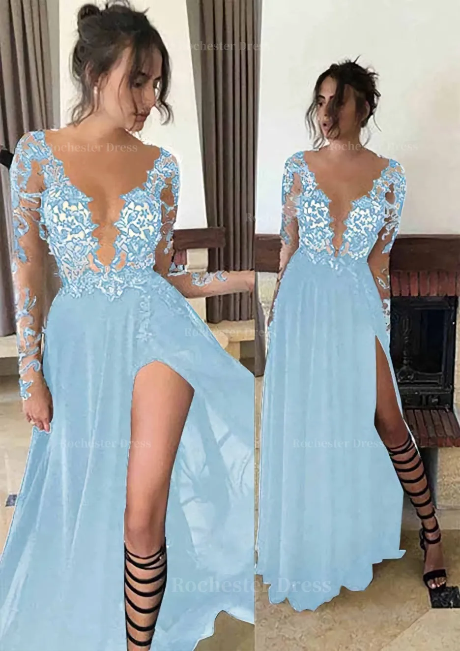 Chiffon Long/Floor-Length A-Line/Princess Full/Long Sleeve Bateau Zipper Up At Side Prom Dress With Appliqued