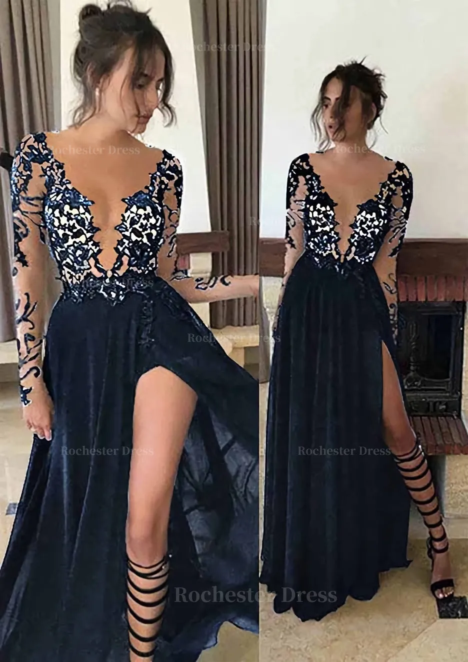 Chiffon Long/Floor-Length A-Line/Princess Full/Long Sleeve Bateau Zipper Up At Side Prom Dress With Appliqued