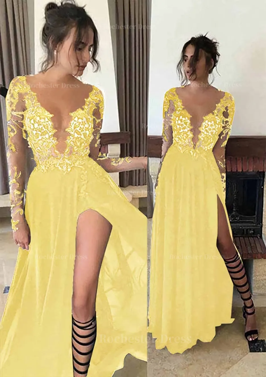 Chiffon Long/Floor-Length A-Line/Princess Full/Long Sleeve Bateau Zipper Up At Side Prom Dress With Appliqued