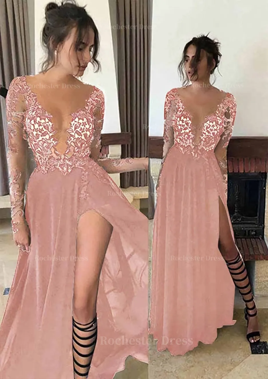 Chiffon Long/Floor-Length A-Line/Princess Full/Long Sleeve Bateau Zipper Up At Side Prom Dress With Appliqued