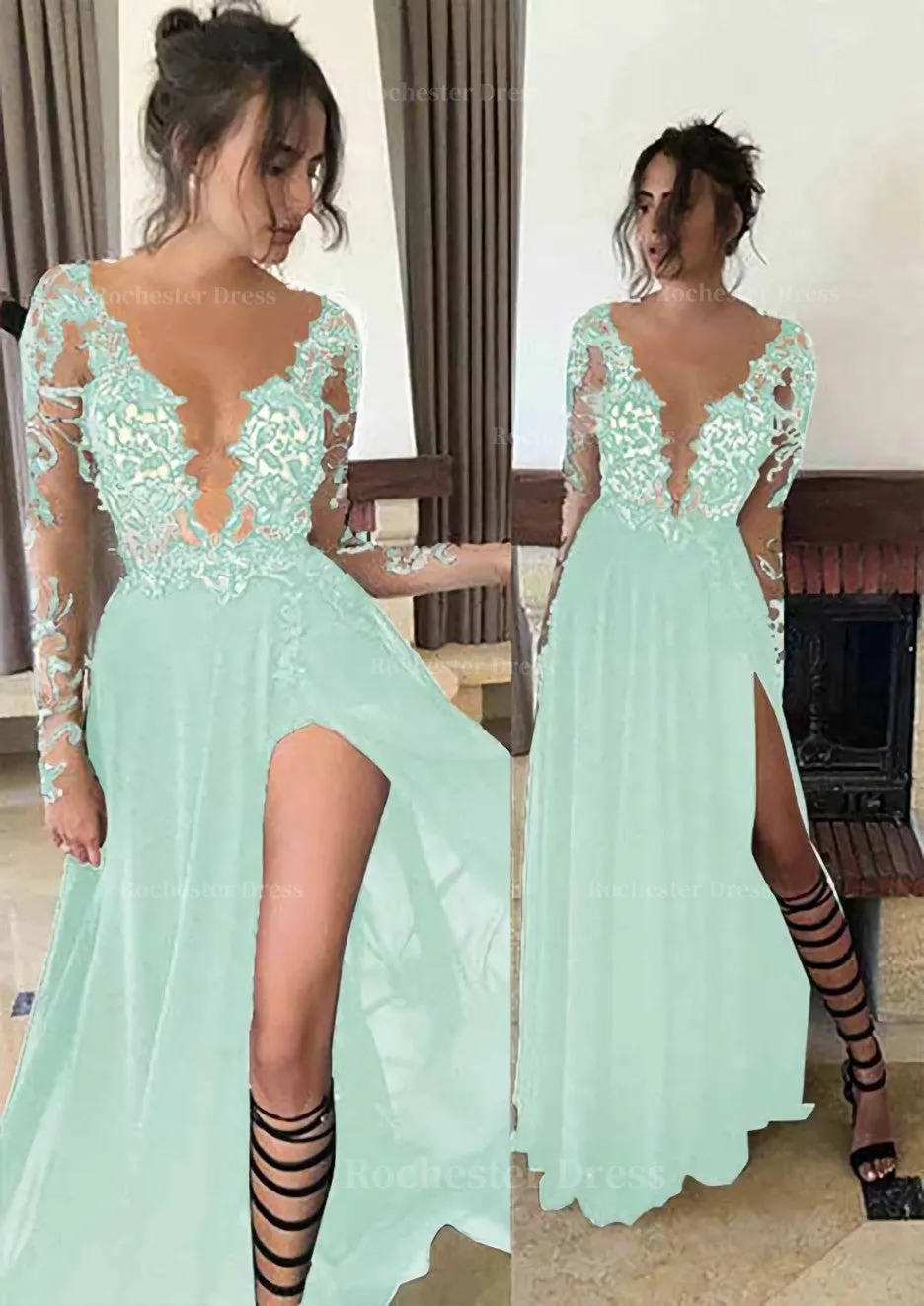 Chiffon Long/Floor-Length A-Line/Princess Full/Long Sleeve Bateau Zipper Up At Side Prom Dress With Appliqued