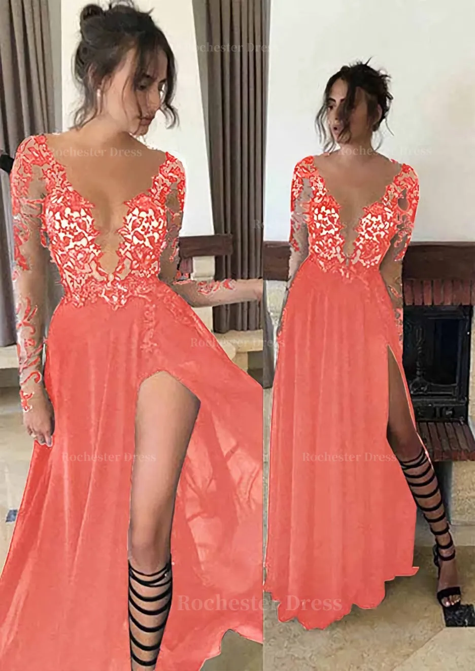 Chiffon Long/Floor-Length A-Line/Princess Full/Long Sleeve Bateau Zipper Up At Side Prom Dress With Appliqued