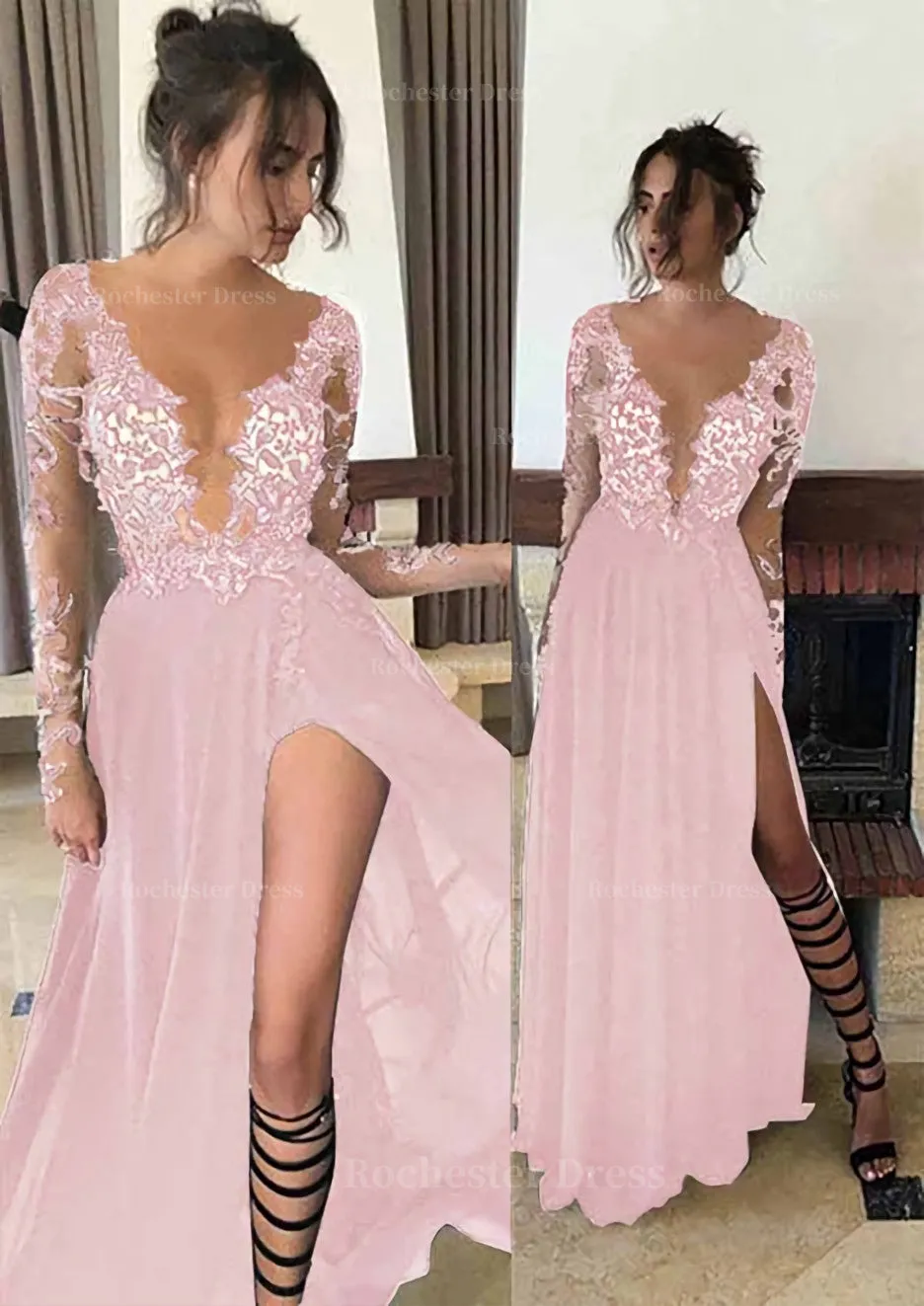 Chiffon Long/Floor-Length A-Line/Princess Full/Long Sleeve Bateau Zipper Up At Side Prom Dress With Appliqued