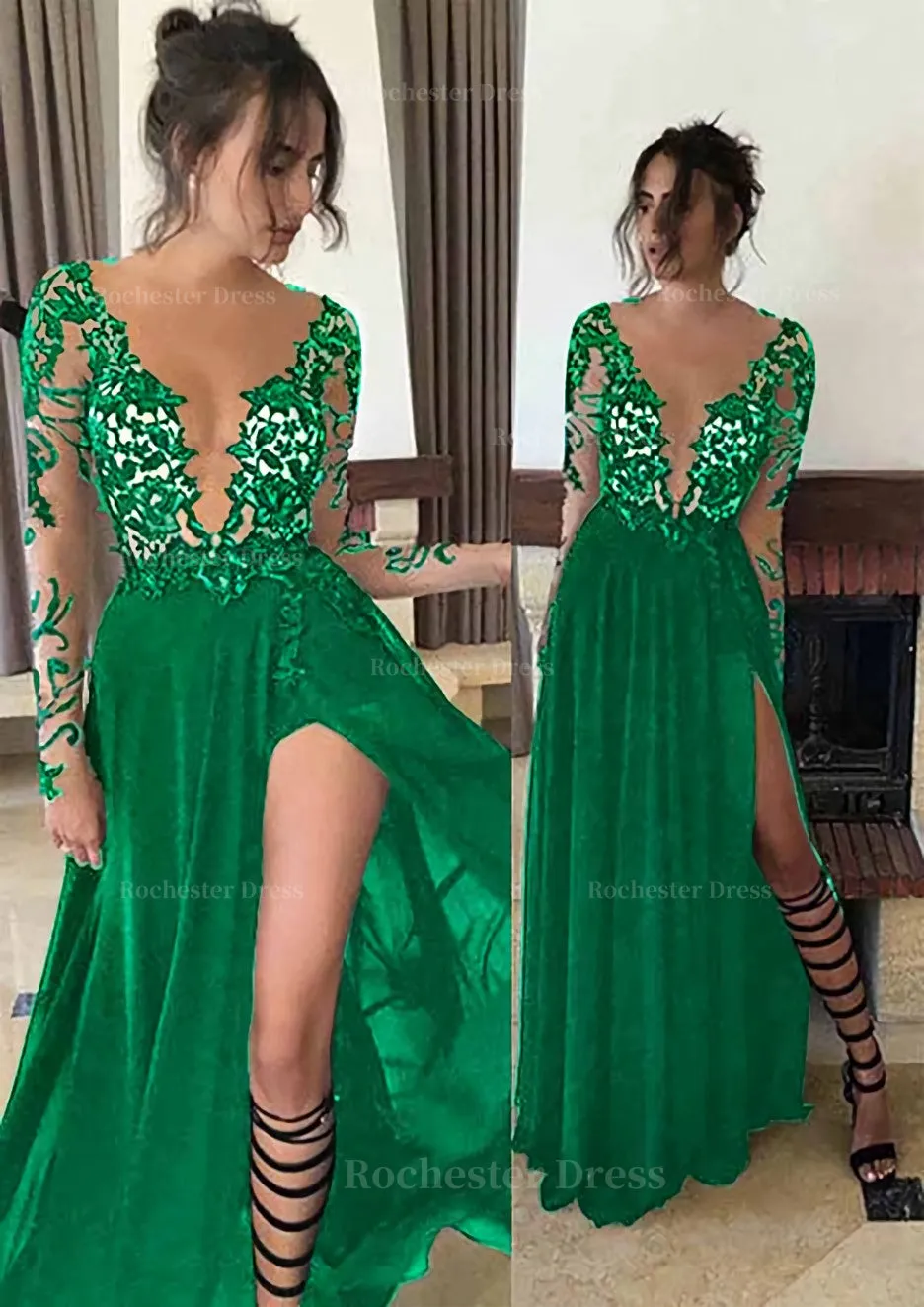 Chiffon Long/Floor-Length A-Line/Princess Full/Long Sleeve Bateau Zipper Up At Side Prom Dress With Appliqued