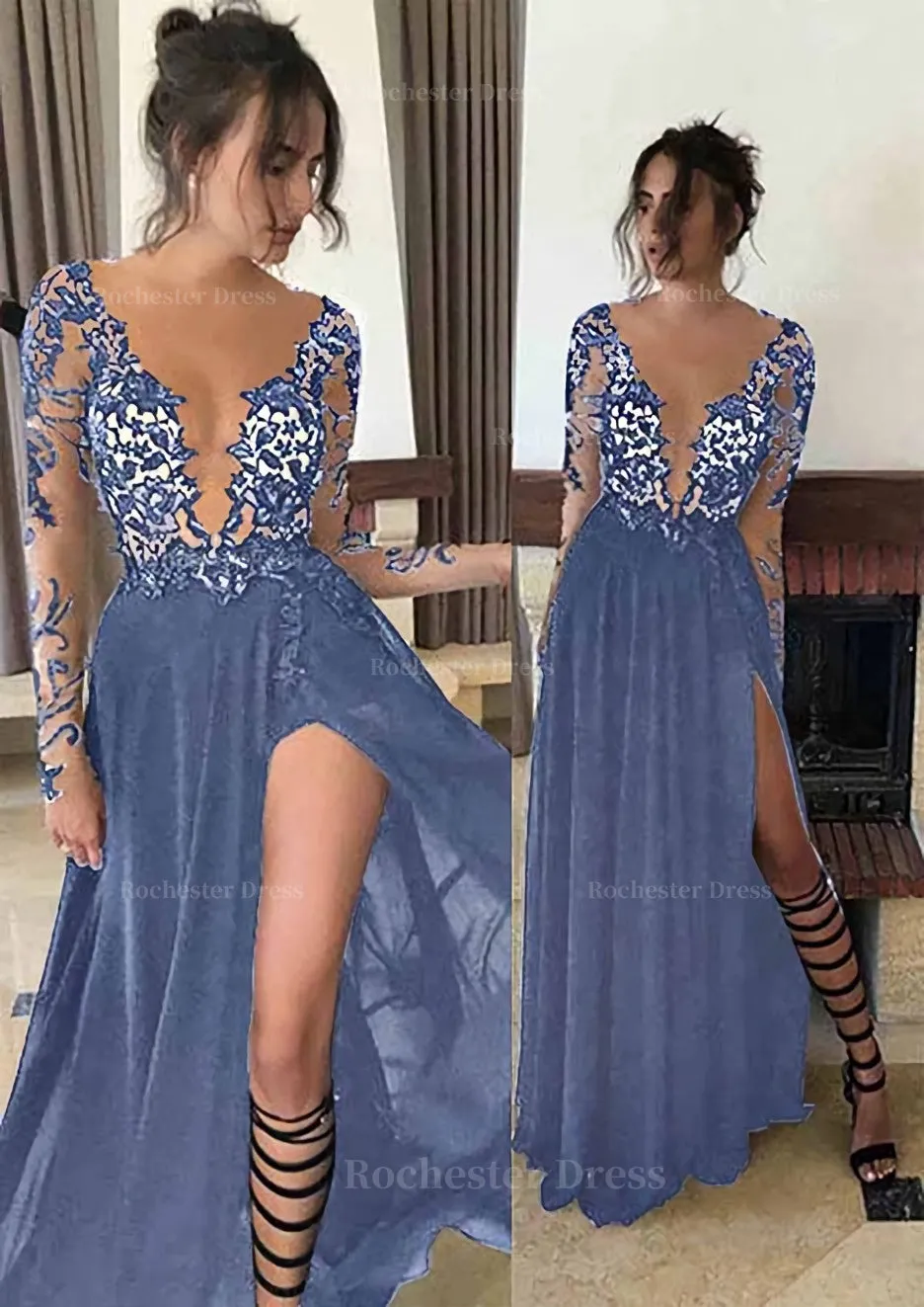 Chiffon Long/Floor-Length A-Line/Princess Full/Long Sleeve Bateau Zipper Up At Side Prom Dress With Appliqued