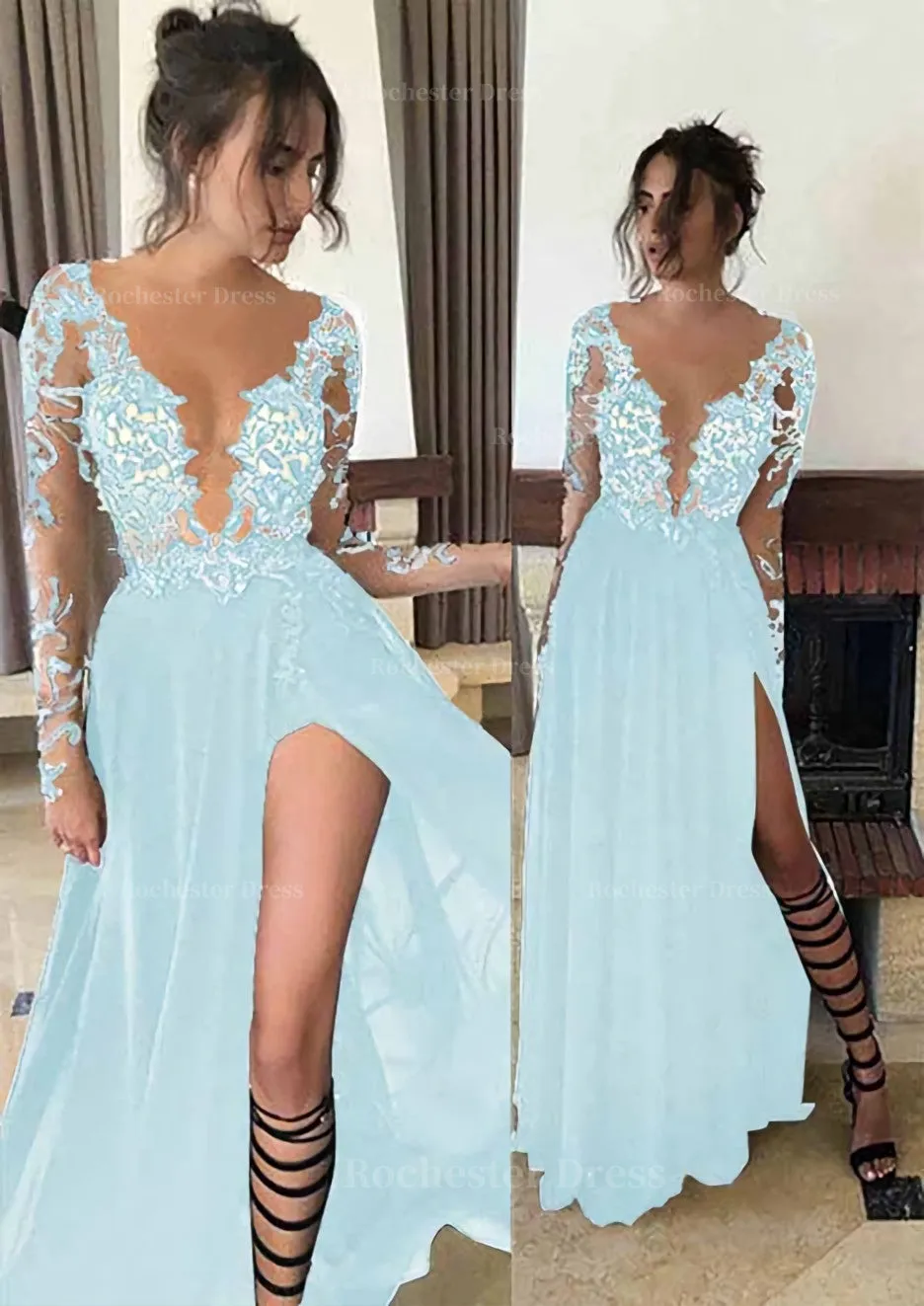 Chiffon Long/Floor-Length A-Line/Princess Full/Long Sleeve Bateau Zipper Up At Side Prom Dress With Appliqued