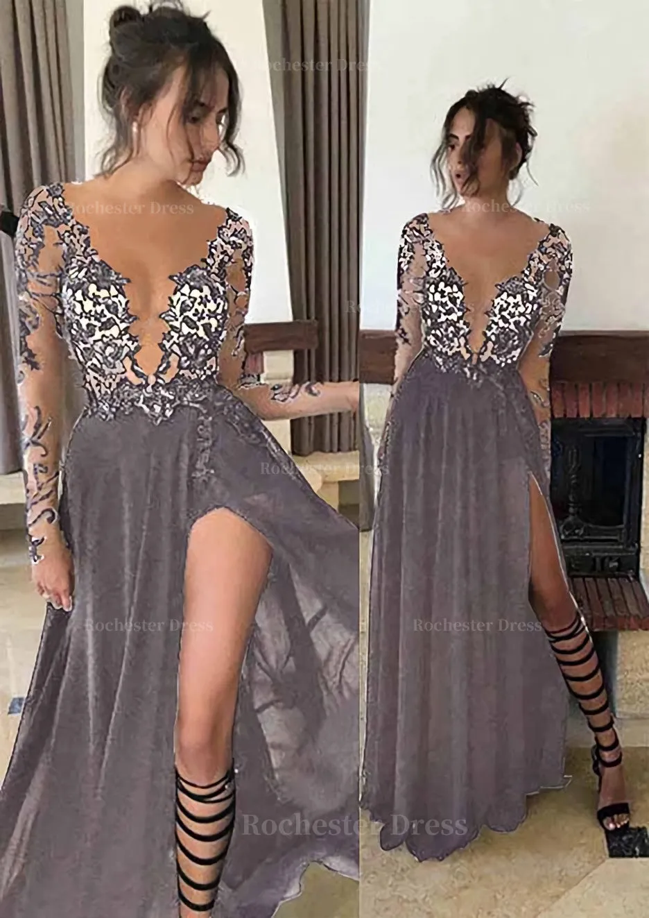 Chiffon Long/Floor-Length A-Line/Princess Full/Long Sleeve Bateau Zipper Up At Side Prom Dress With Appliqued