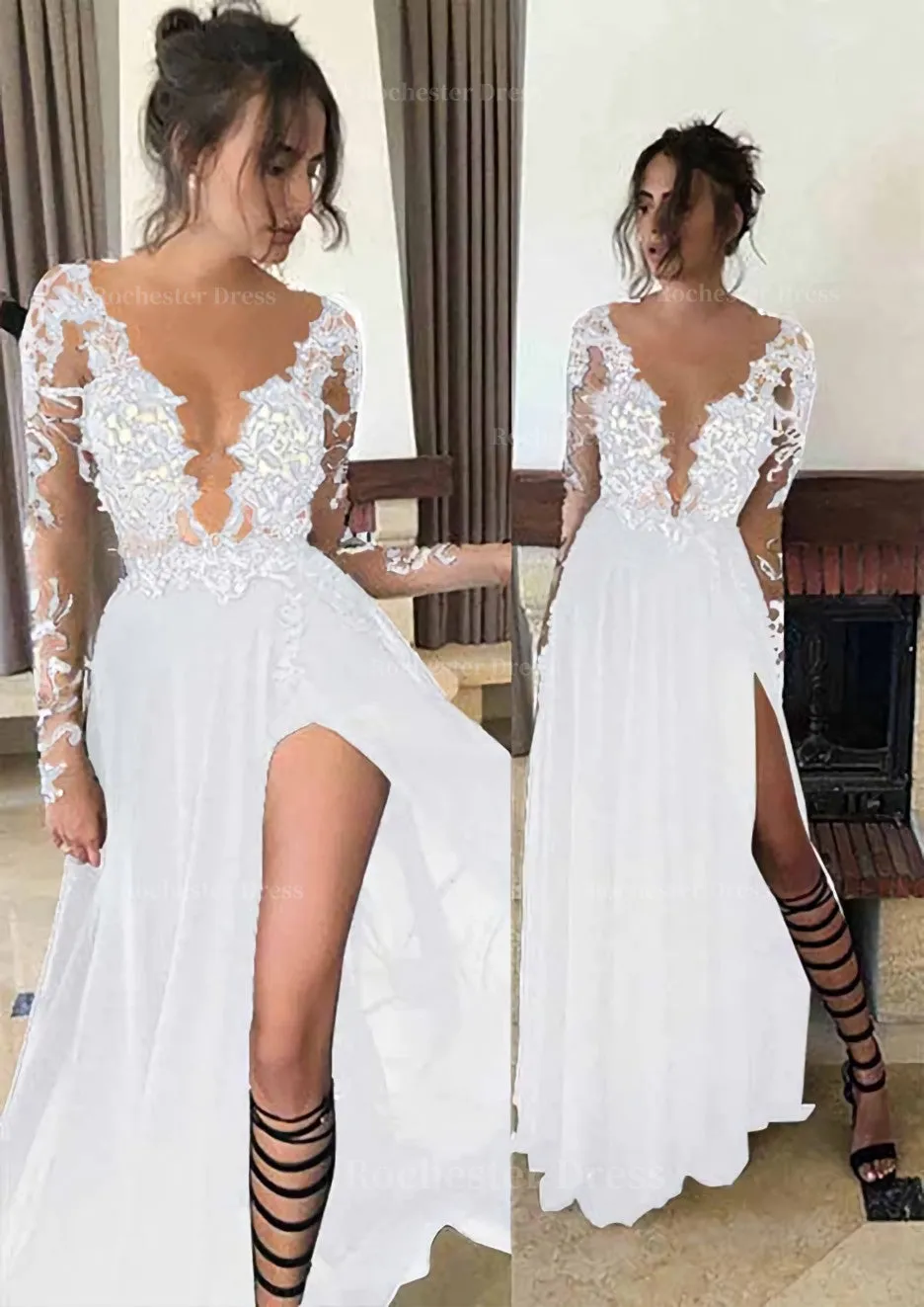 Chiffon Long/Floor-Length A-Line/Princess Full/Long Sleeve Bateau Zipper Up At Side Prom Dress With Appliqued