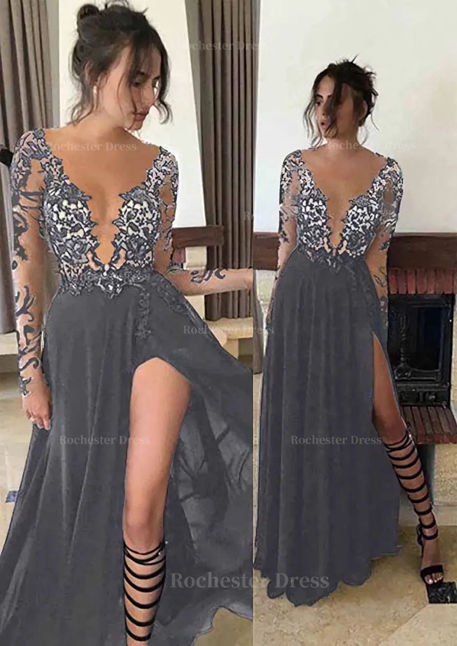 Chiffon Long/Floor-Length A-Line/Princess Full/Long Sleeve Bateau Zipper Up At Side Prom Dress With Appliqued