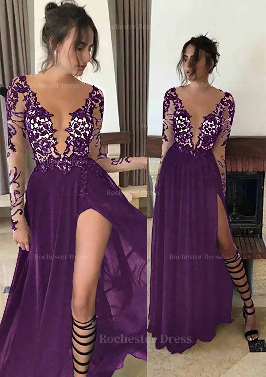 Chiffon Long/Floor-Length A-Line/Princess Full/Long Sleeve Bateau Zipper Up At Side Prom Dress With Appliqued