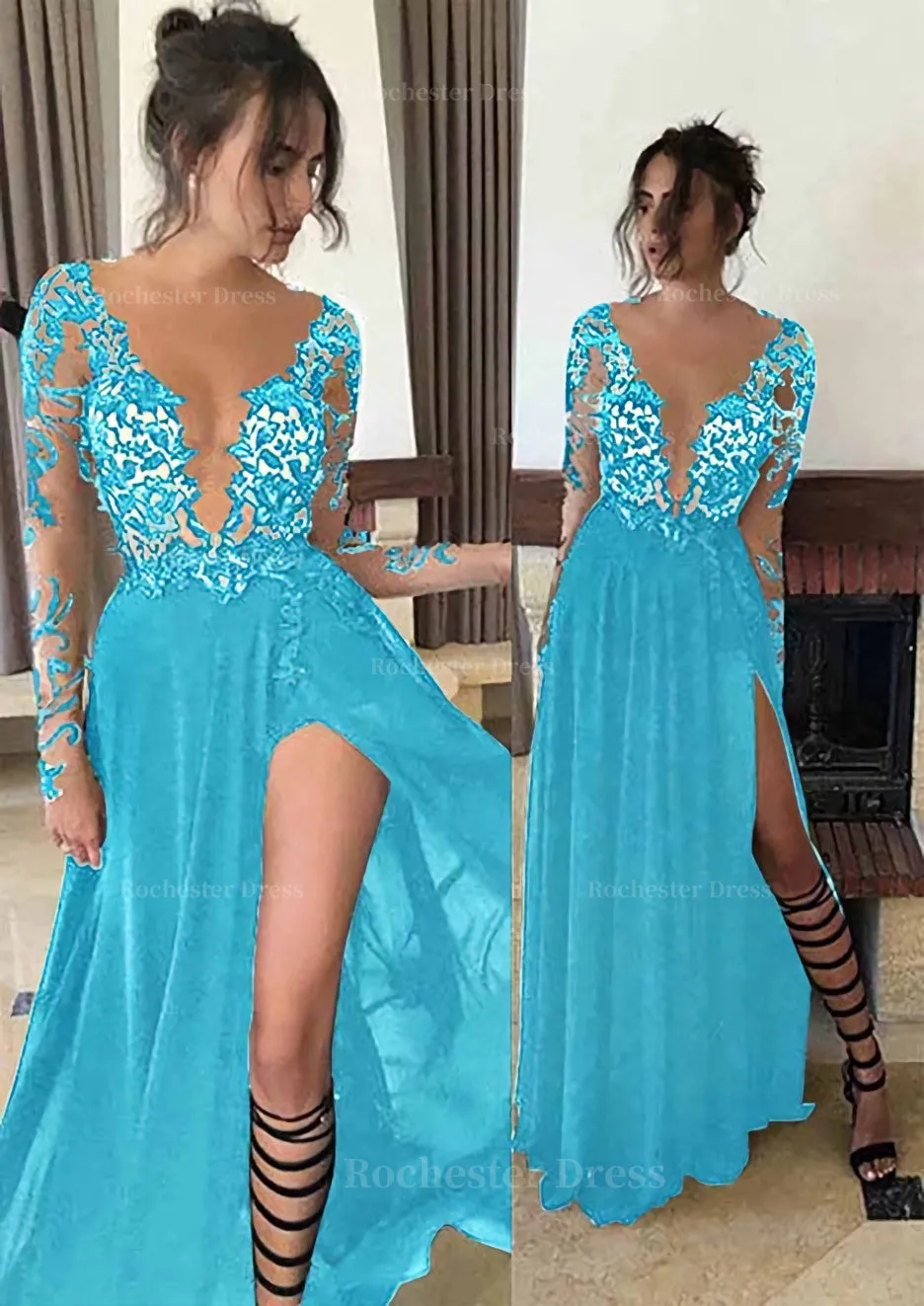Chiffon Long/Floor-Length A-Line/Princess Full/Long Sleeve Bateau Zipper Up At Side Prom Dress With Appliqued