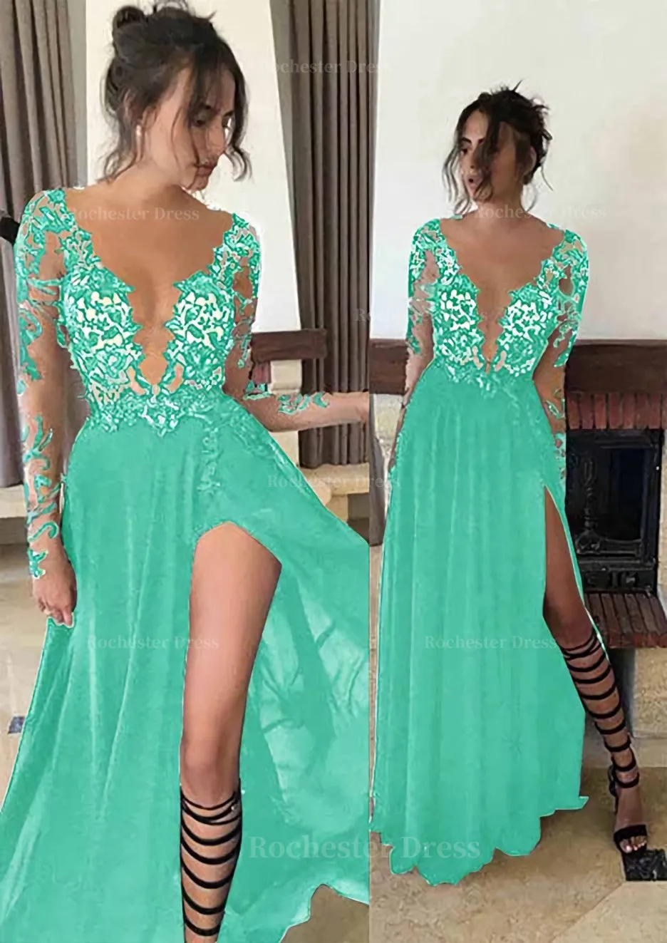 Chiffon Long/Floor-Length A-Line/Princess Full/Long Sleeve Bateau Zipper Up At Side Prom Dress With Appliqued