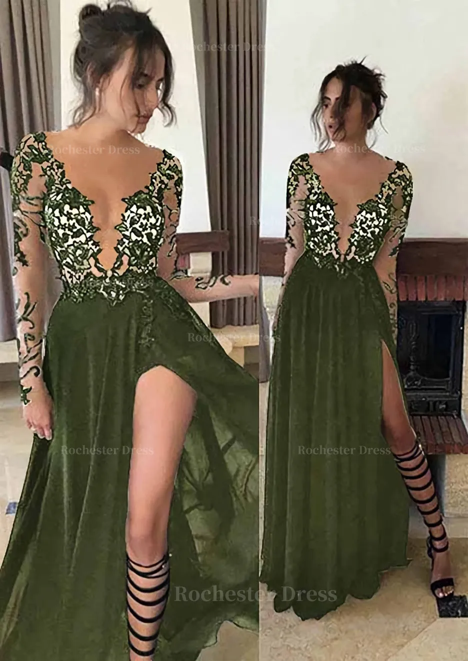 Chiffon Long/Floor-Length A-Line/Princess Full/Long Sleeve Bateau Zipper Up At Side Prom Dress With Appliqued